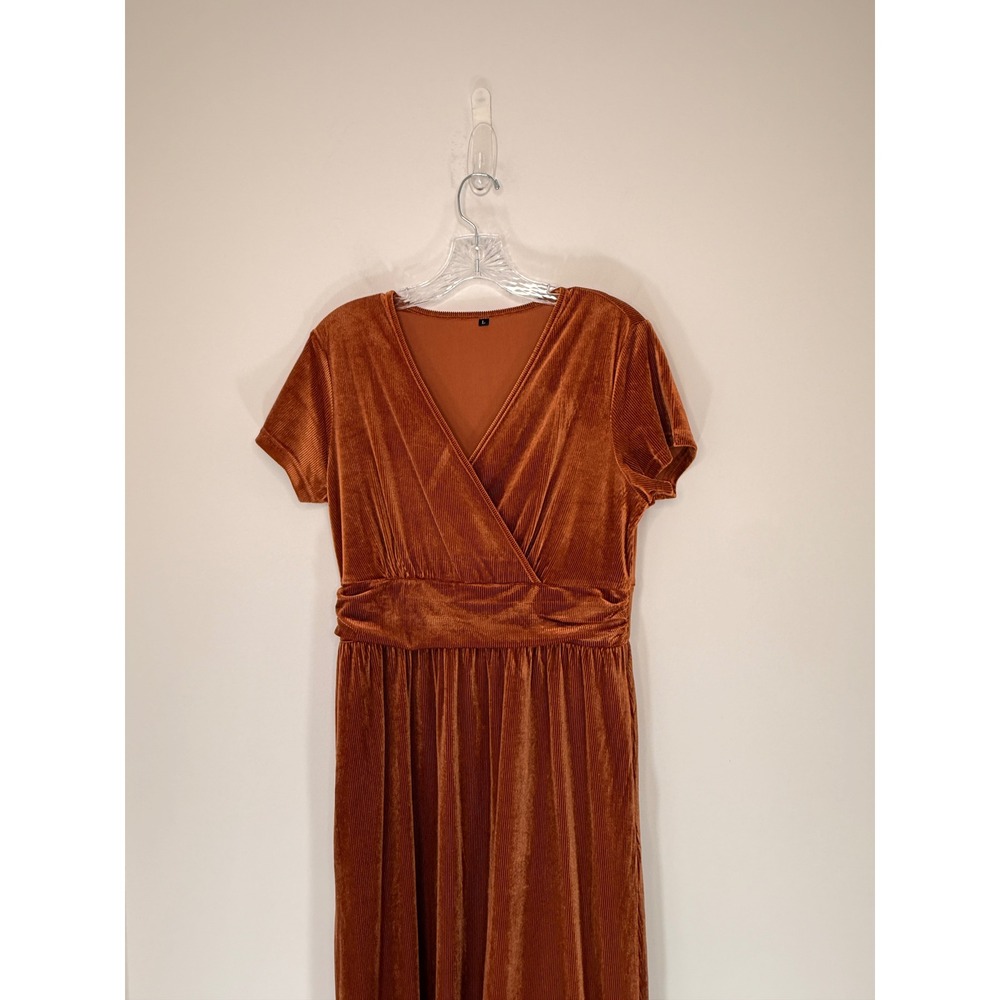 Women's Maxi Dress Velvet Short Sleeve Copper V-Neck Formal Event Holiday Large - Picture 2 of 13